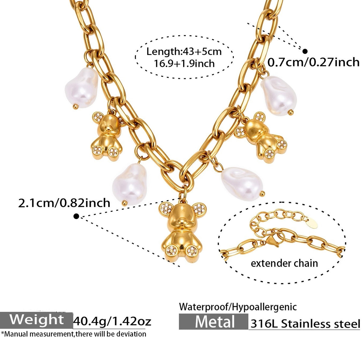 Gold Pearl & Crystal Bear Charm Statement Necklace