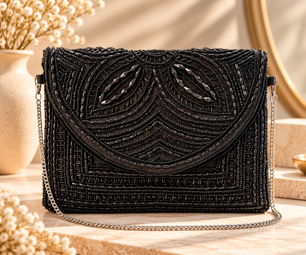 Colorful Bohemian Beaded Handbag Black