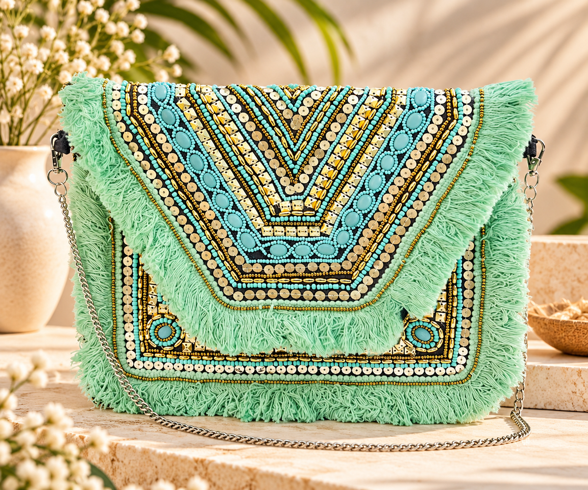 Colorful Bohemian Banjara Beaded Handbag Green
