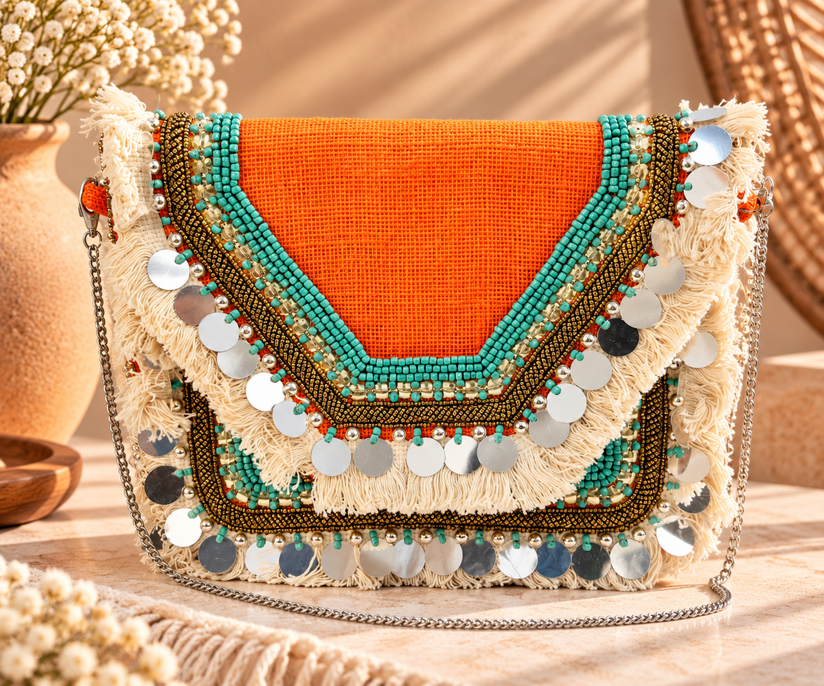 Colorful Bohemian Banjara Beaded Handbag Orange