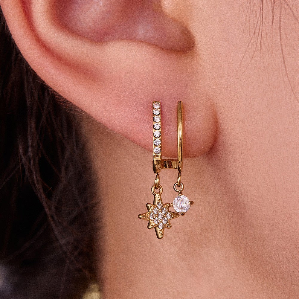 Gold Starburst CZ Huggie Drop Earrings