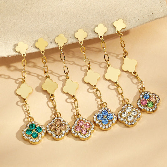 18K Gold Plated Four-Leaf CZ Drop Earrings