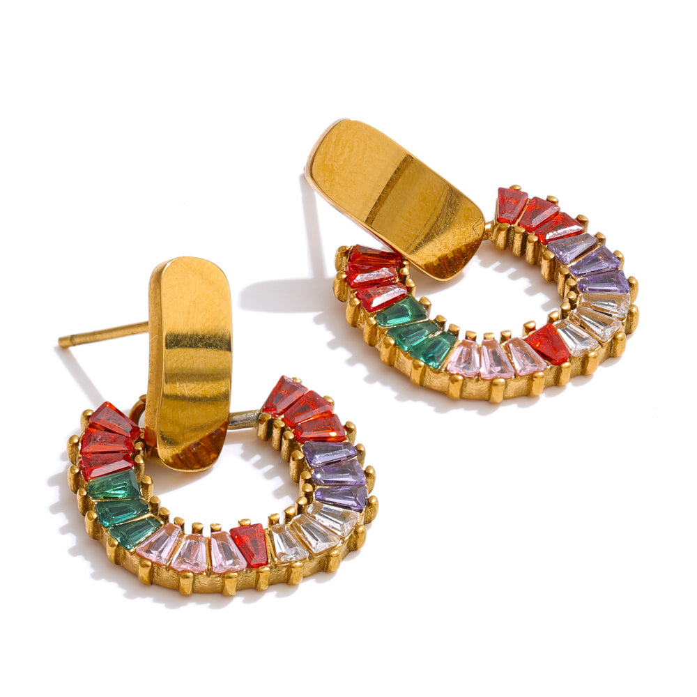 Aurora Gold Hoop Earrings — Rainbow Crystal Drop Earrings