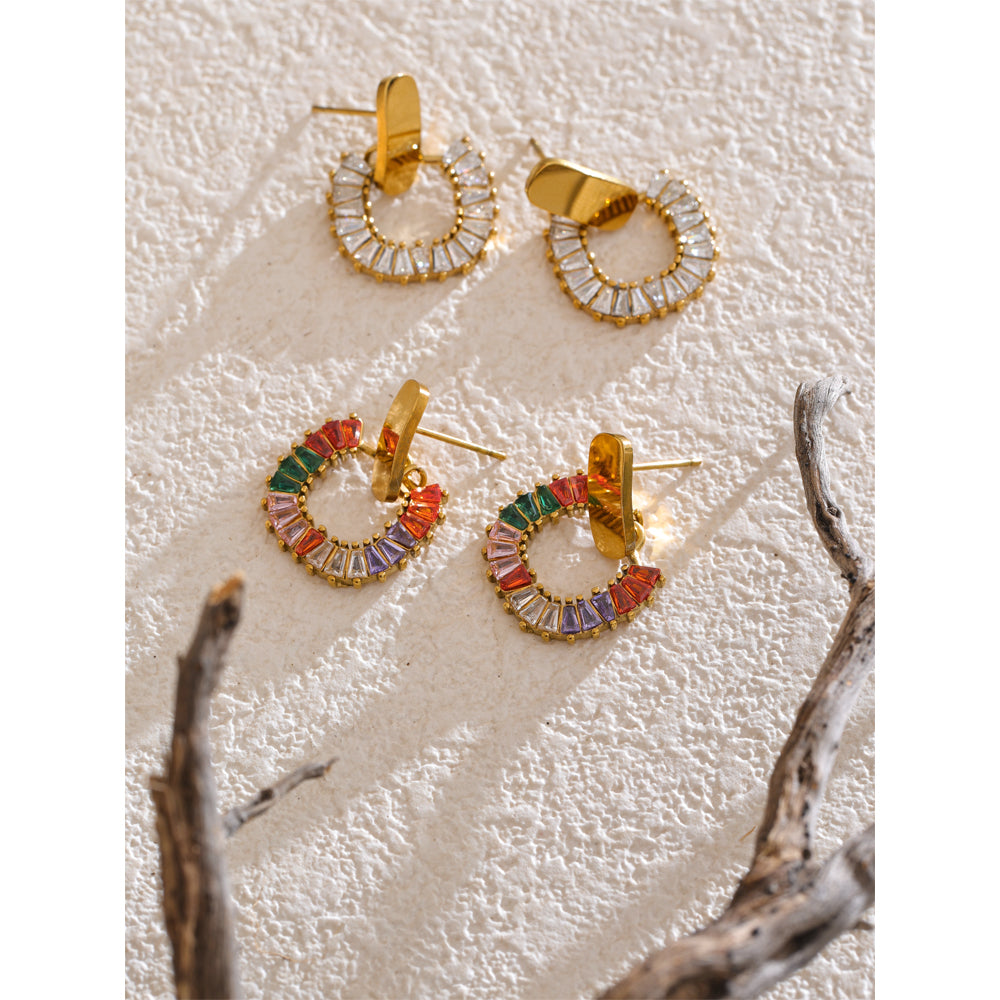 Aurora Gold Hoop Earrings — Rainbow Crystal Drop Earrings