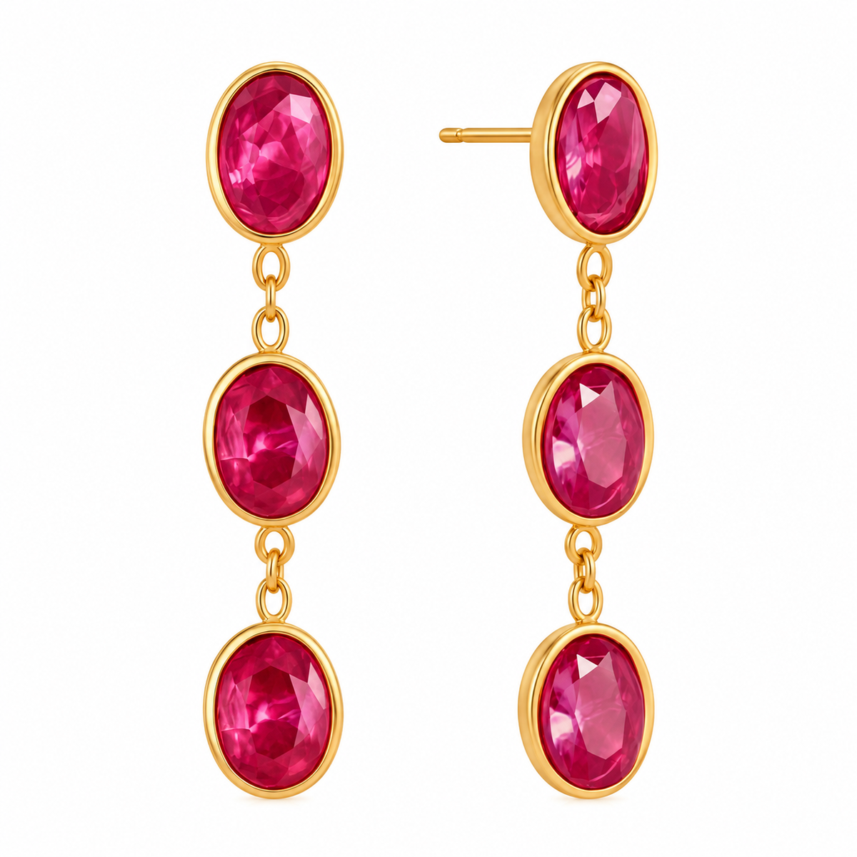 Gold Triple Pink Gemstone Drop Earrings