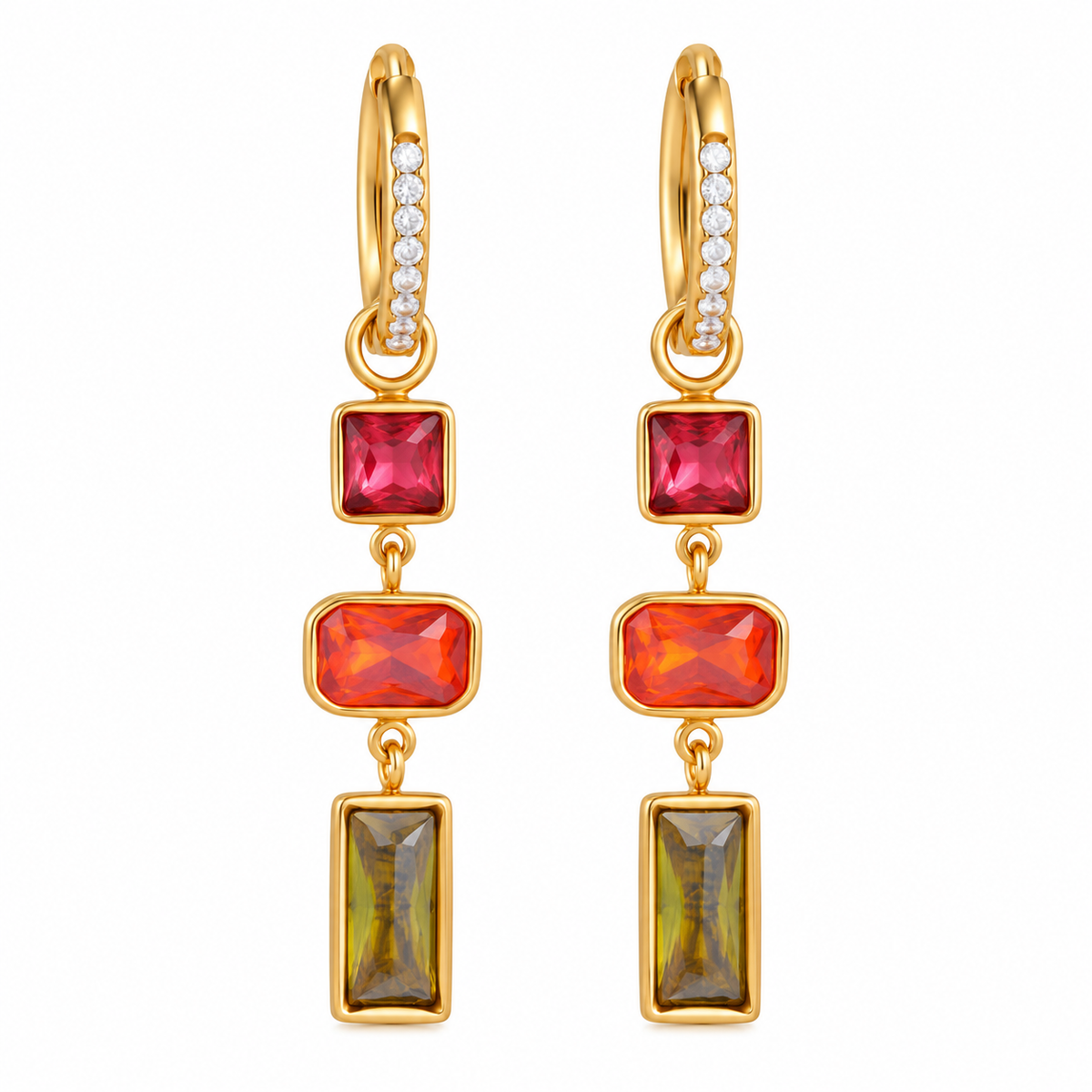 Gold Multi-Colour Gemstone Huggie Drop Earrings