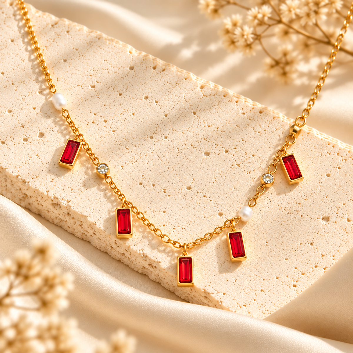 Gold and Gemstone & Pearl Charm Necklace