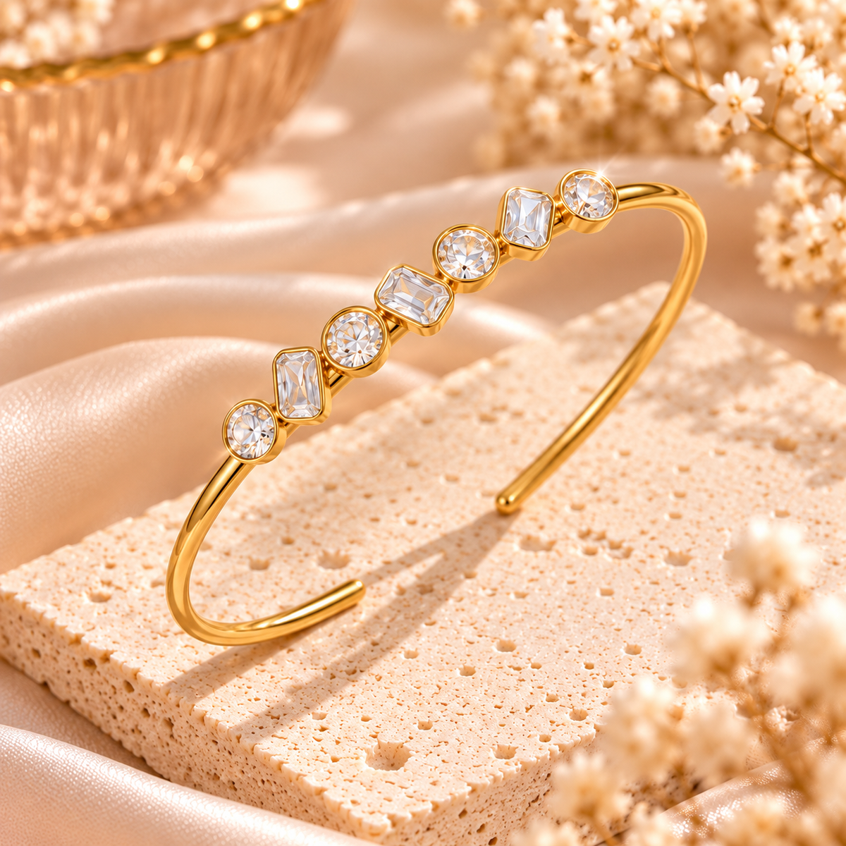 Gold Mixed-Cut Crystal Cuff Bangle