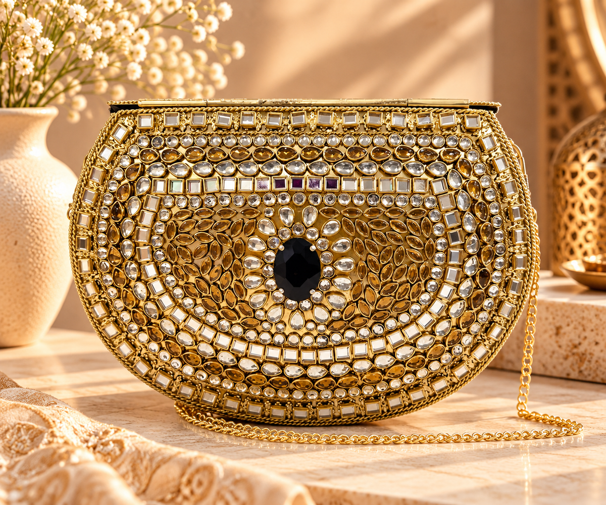 Artisan Glow Kundan Clutch curved